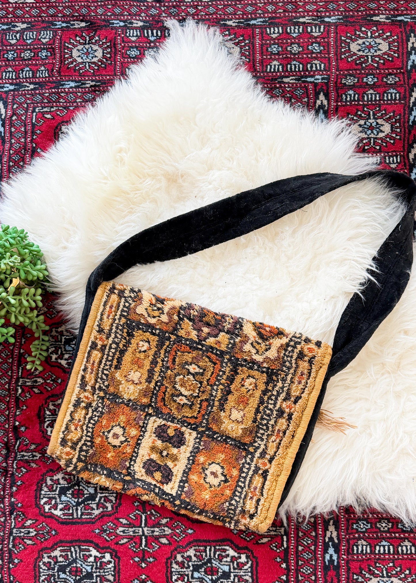 Vintage 70s Golden Yellow Brown Tapestry Fringe Trim Shoulder Purse