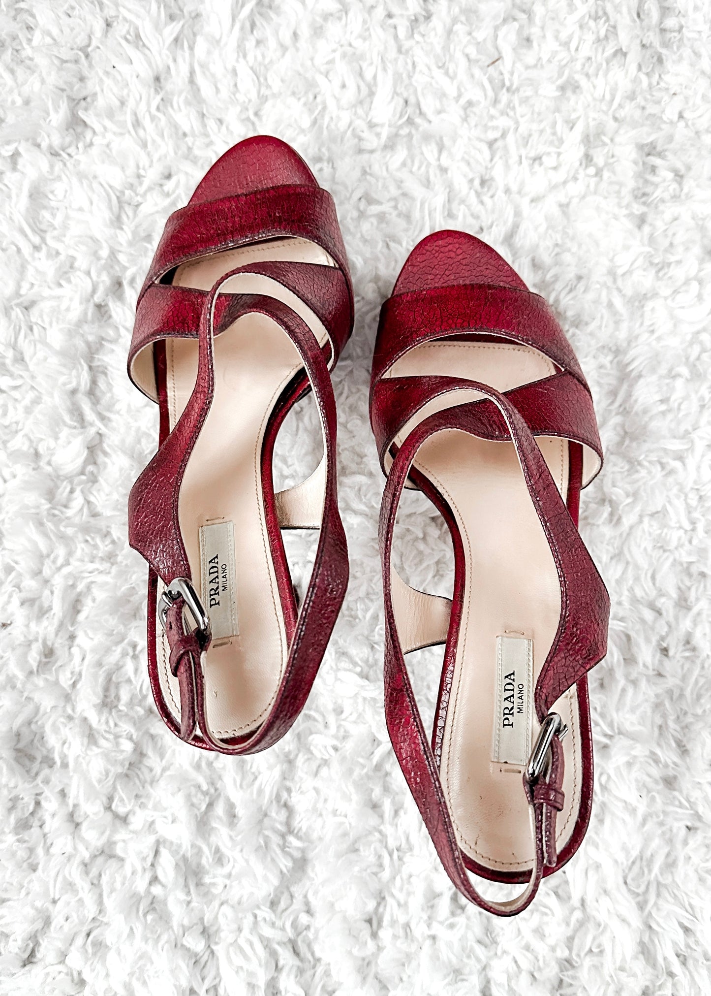 Prada Dark Red and Black Textured Leather Peep Toe Strappy Platform Heels (38.5 or 8.5)