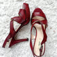 Prada Dark Red and Black Textured Leather Peep Toe Strappy Platform Heels (38.5 or 8.5)