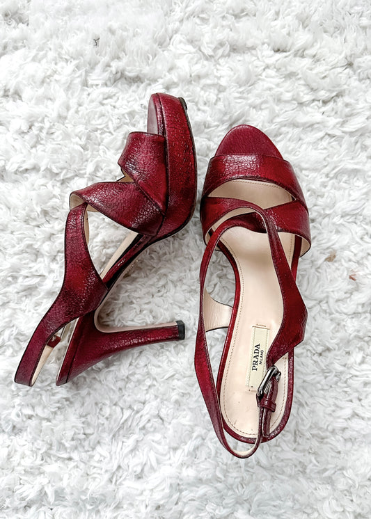 Prada Dark Red and Black Textured Leather Peep Toe Strappy Platform Heels (38.5 or 8.5)