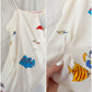 Vintage 80s Jack Mulqueen Cream Silk Fish Print Top Skirt Set