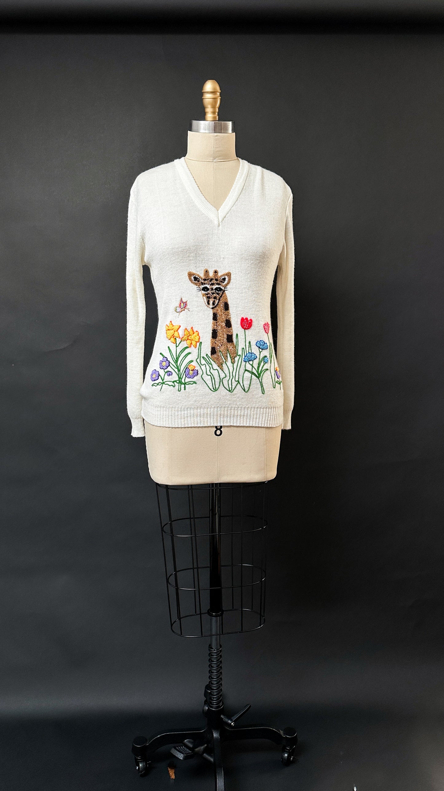 Vintage 60s/70s Cyn Les Shirlee Cream Giraffe Embroidered Knit Top (S)