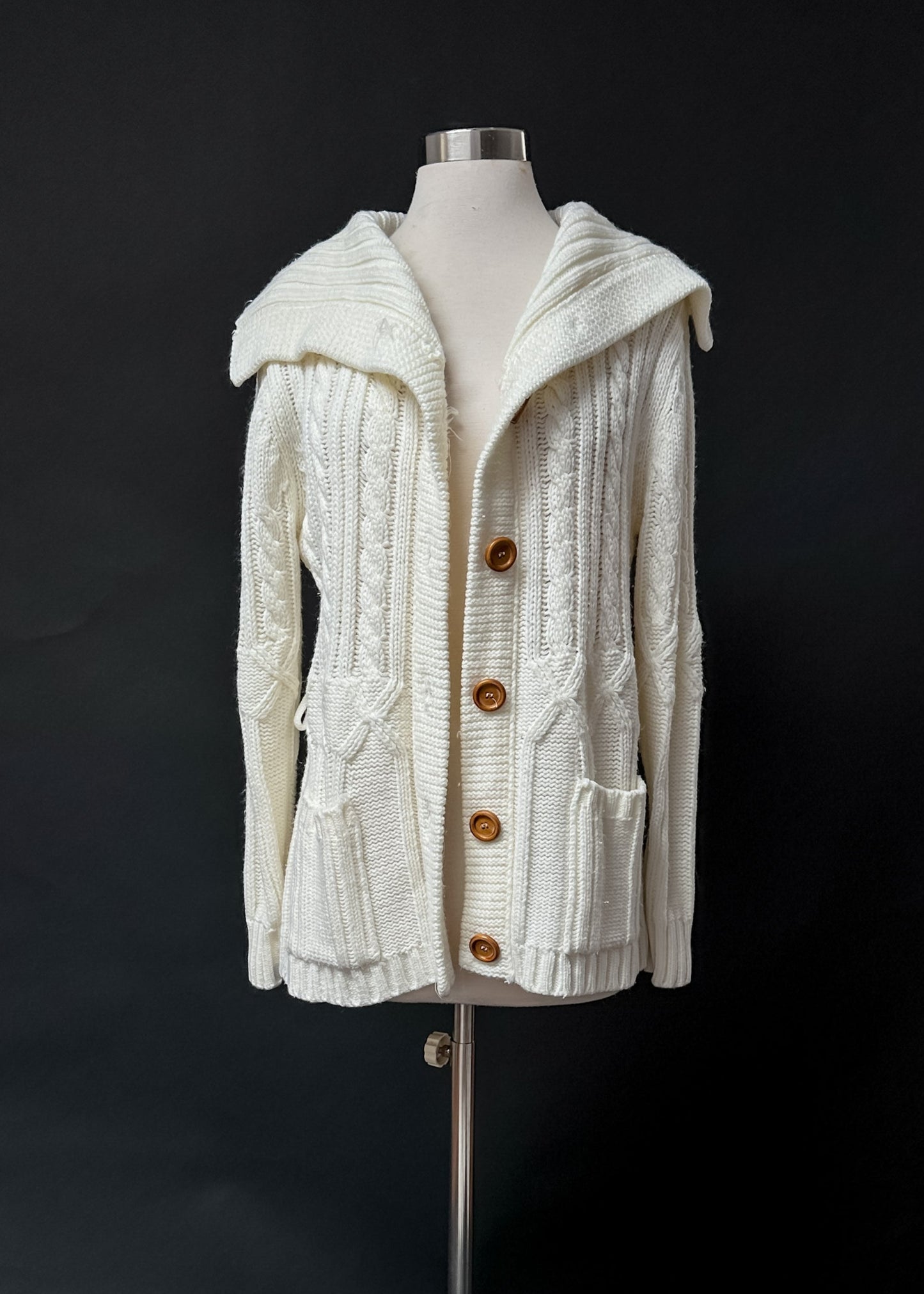 Vintage 70s Cream Folded Collar Thick Knit Cardigan (S/M)