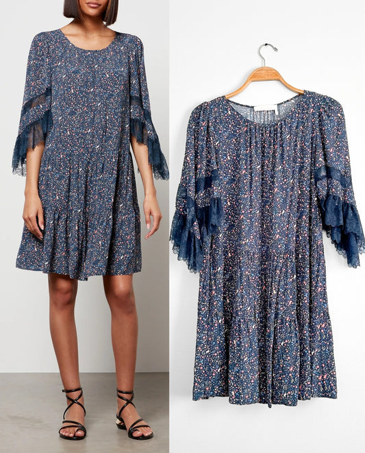 See by Chloe Navy Floral Lace Sleeve Dress (FR 36 or US 4)