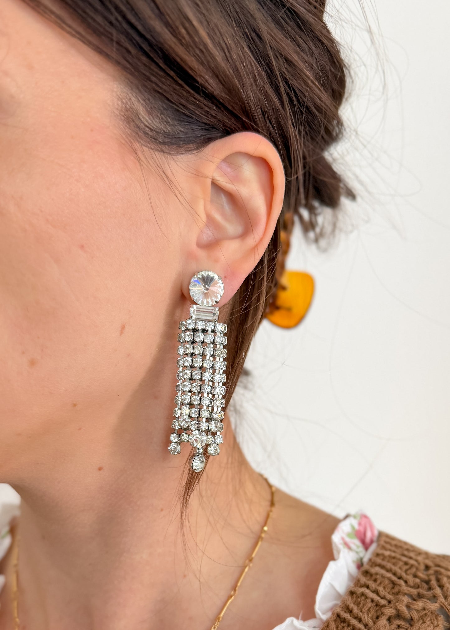 Vintage Clear Rhinestone Chandelier Cascading Statement Clip-On Earrings