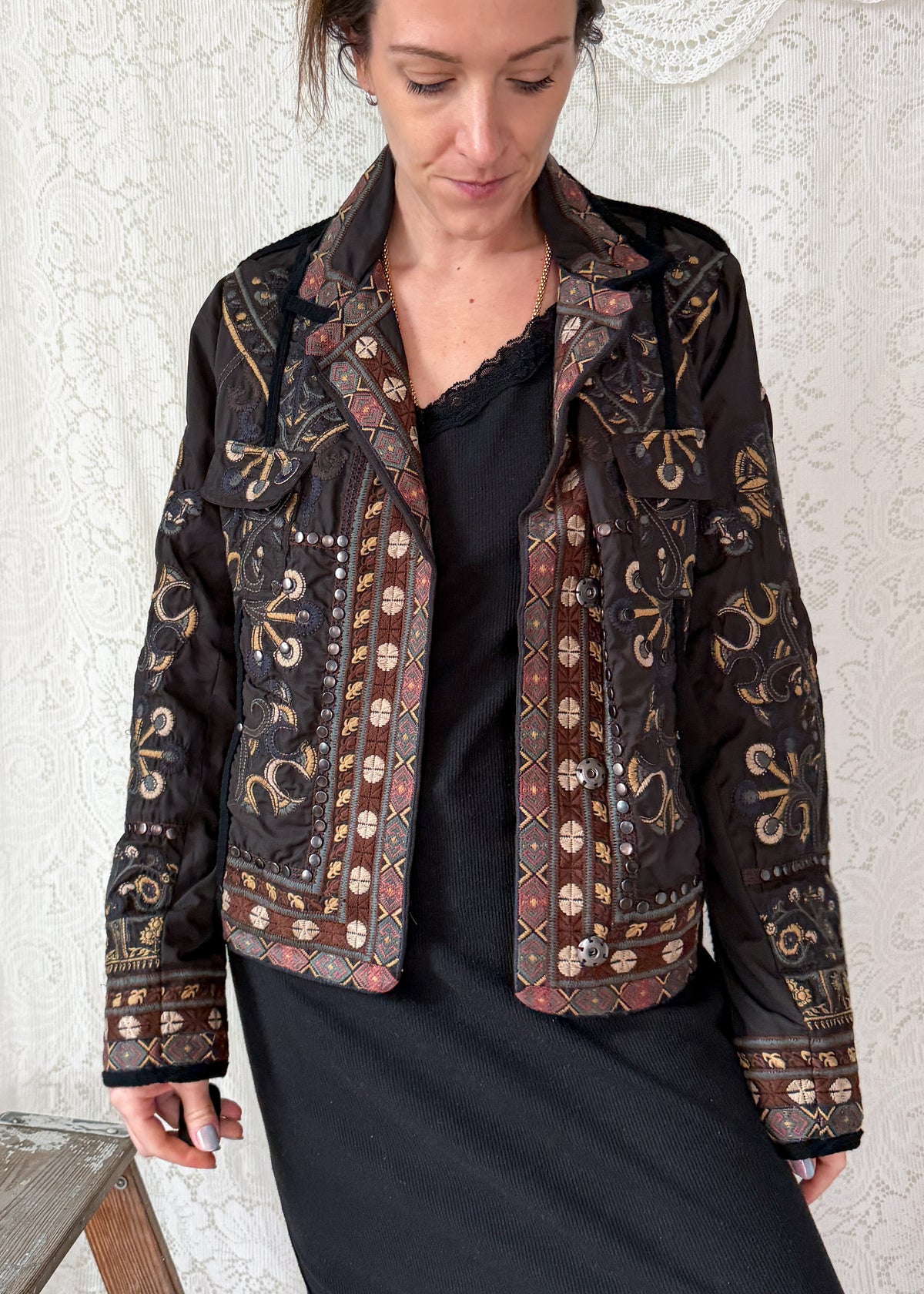 BIYA by Johnny Was Olive Brown Embroidered Studded Boho Moto Jacket