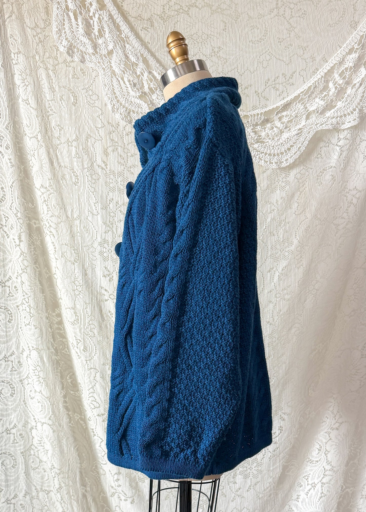 Vintage Aran Crafts Ireland Teal Blue Wool Cable Knit Cardigan Jacket (L)