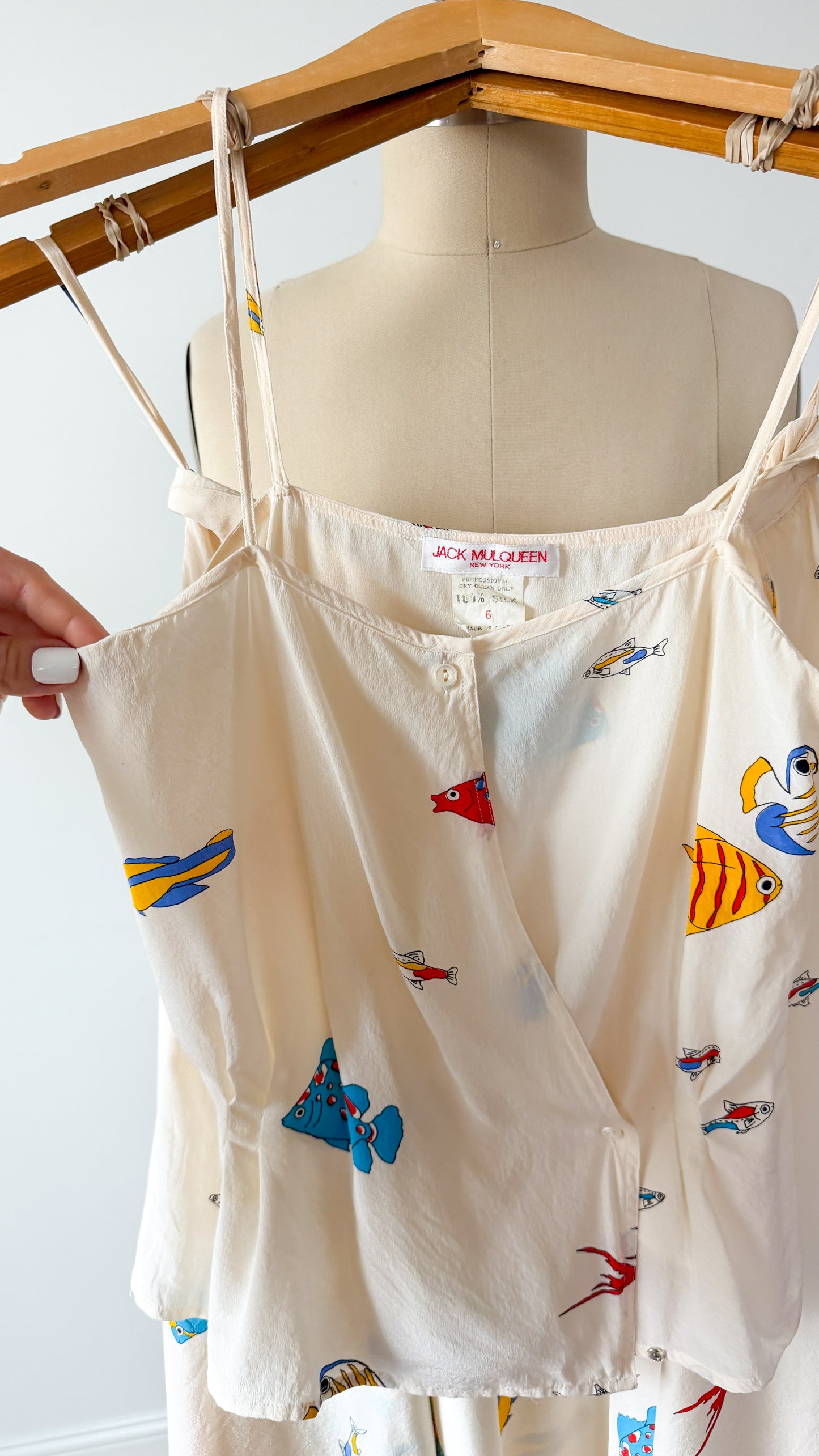 Vintage 80s Jack Mulqueen Cream Silk Fish Print Top Skirt Set