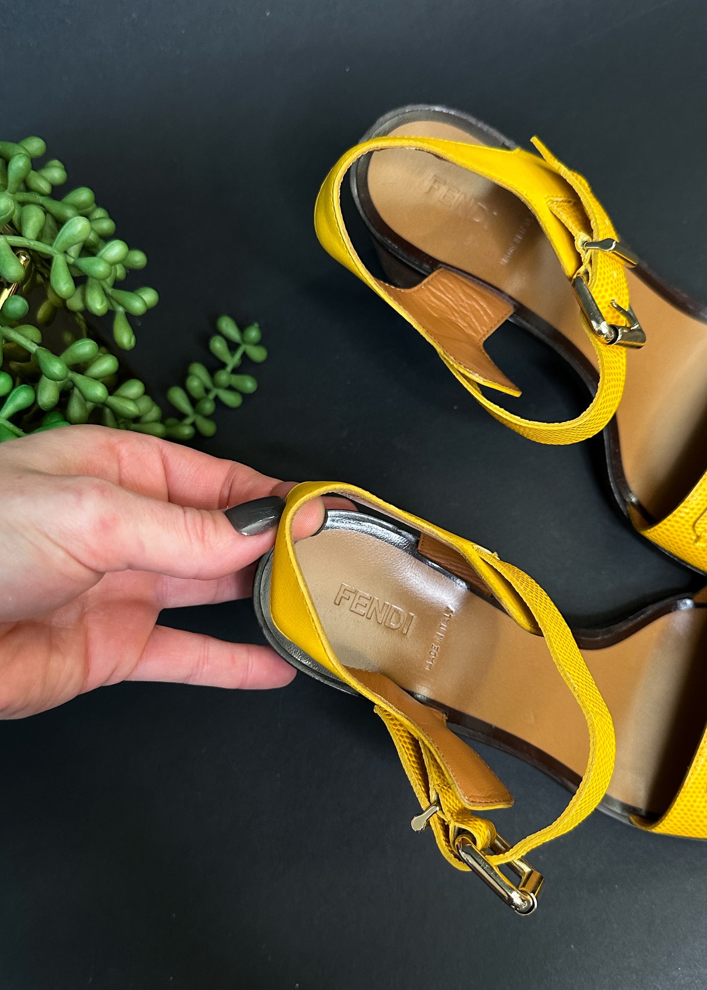 Fendi Yellow Leather Sandals Block Heels (39 or 8.5)