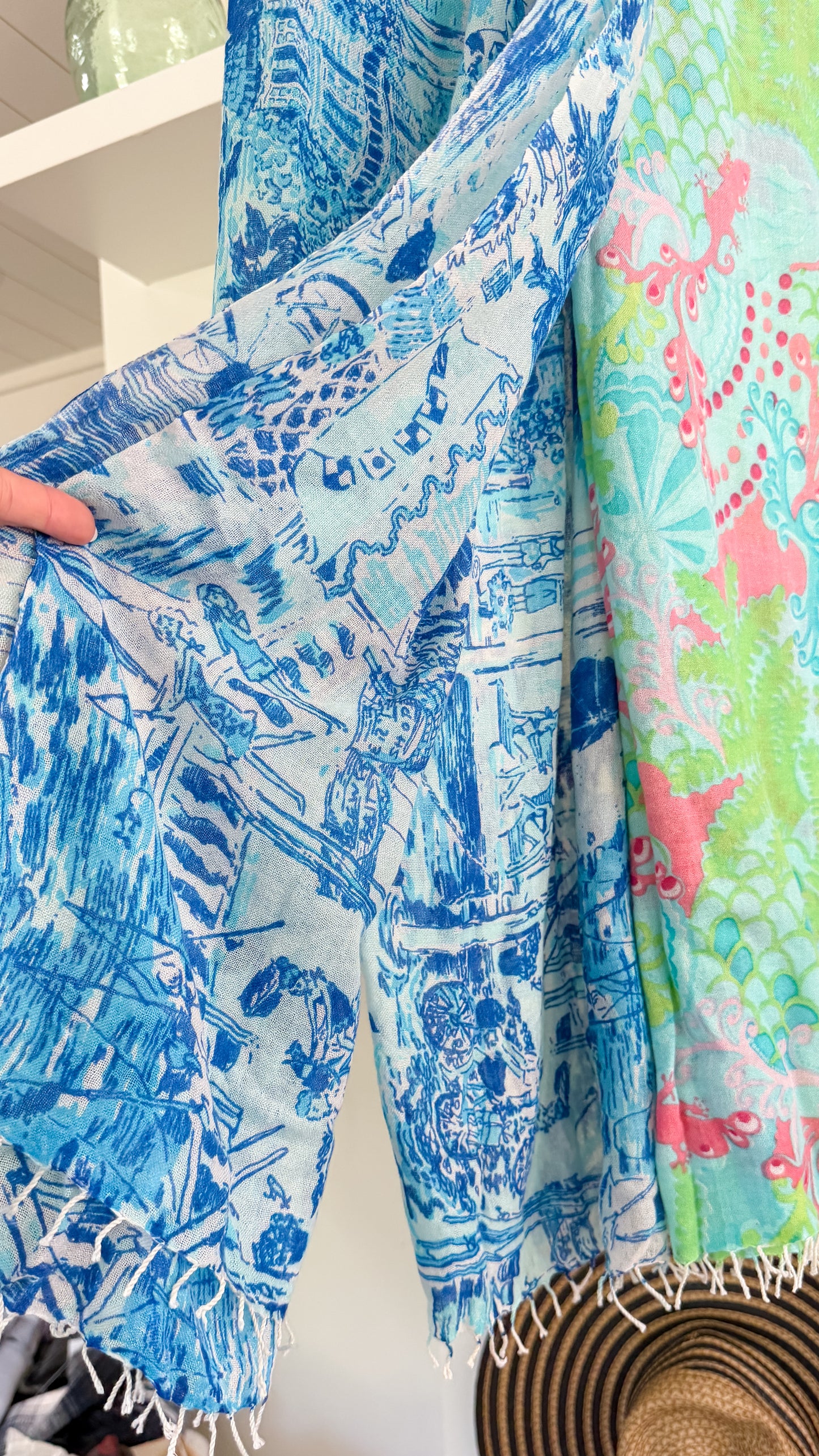 Lilly Pulitzer Silk & Cashmere Blue White Fresh Catch Print Scarf