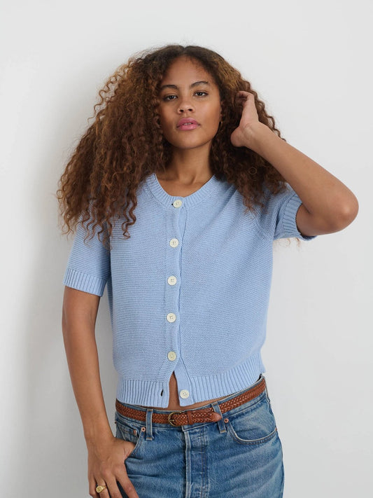 Alex Mill Elle Short Sleeve Knit Cardigan Sweater in Hydranga Blue (XL)