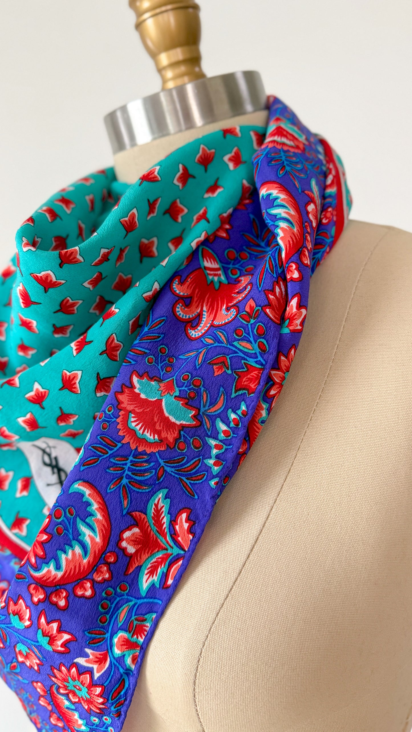 Vintage 80s Yves Saint Laurent Turquoise and Purple Floral Silk Square Scarf 32x32