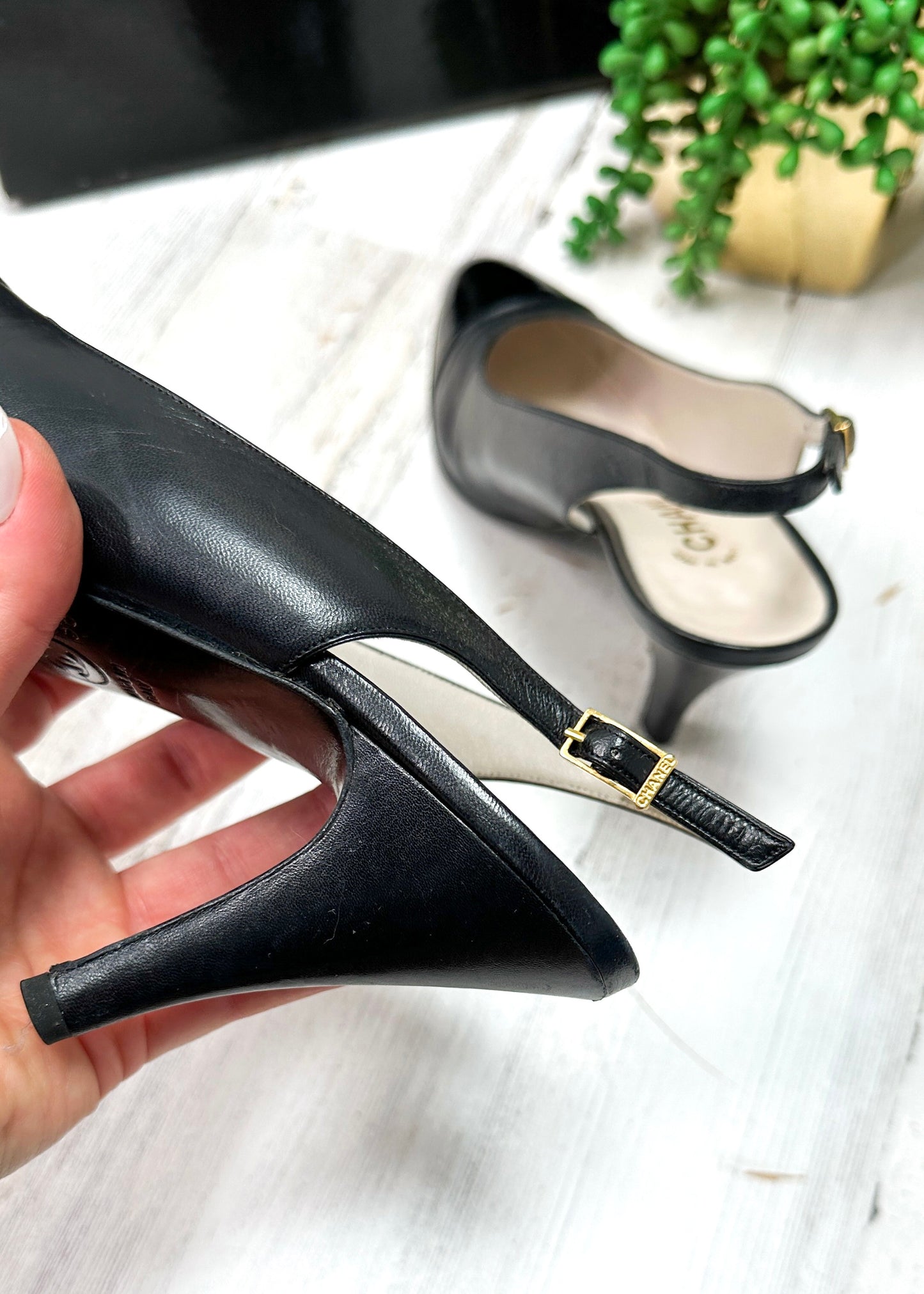 Vintage Chanel Black Leather Cap Toe Slingback Heels (38)