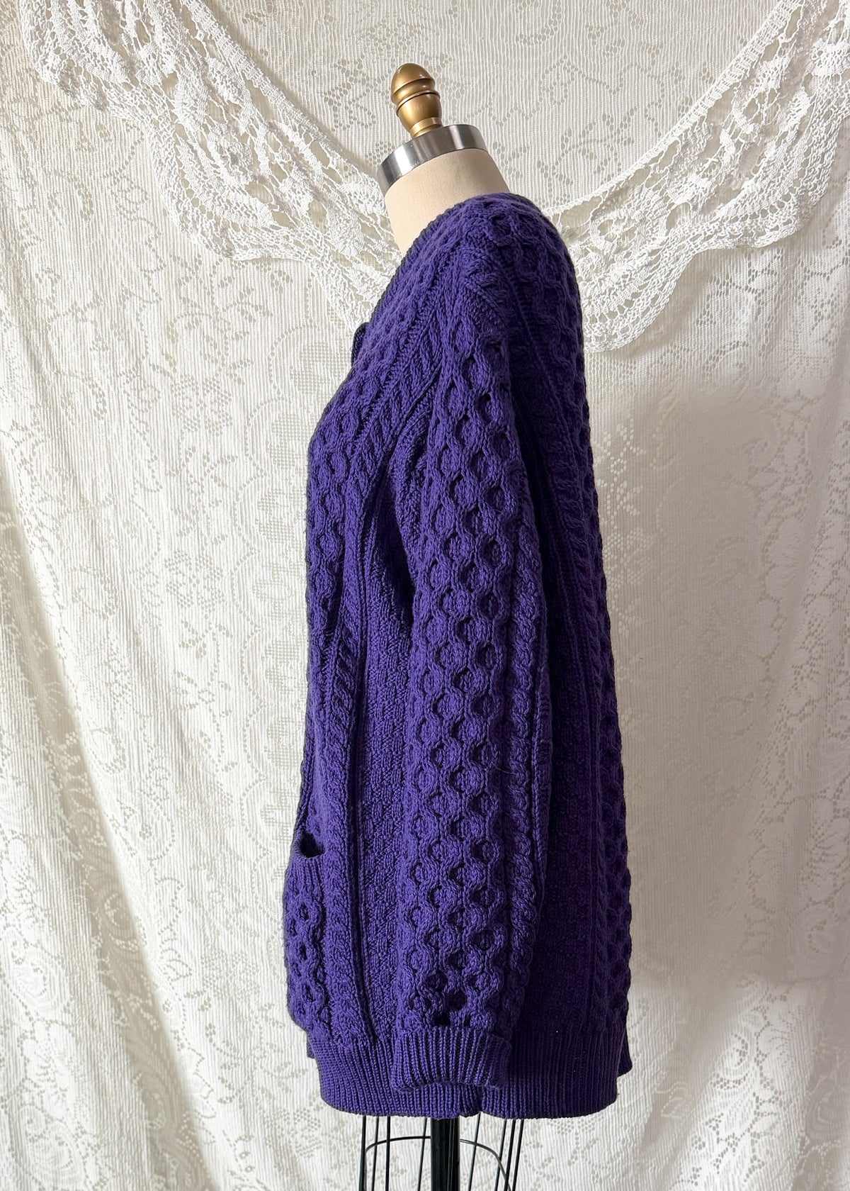 Vintage Aran Crafts Ireland Purple Merino Wool Cable Knit Cardigan (XL)