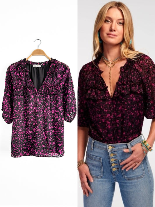 Ramy Brook Sara V-Neck Velvet Textured Top in Plumberry