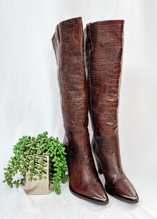 NEW Free People Stevie Brown Leather Embossed Crocodile Tall Boots (38.5 / 8.5)