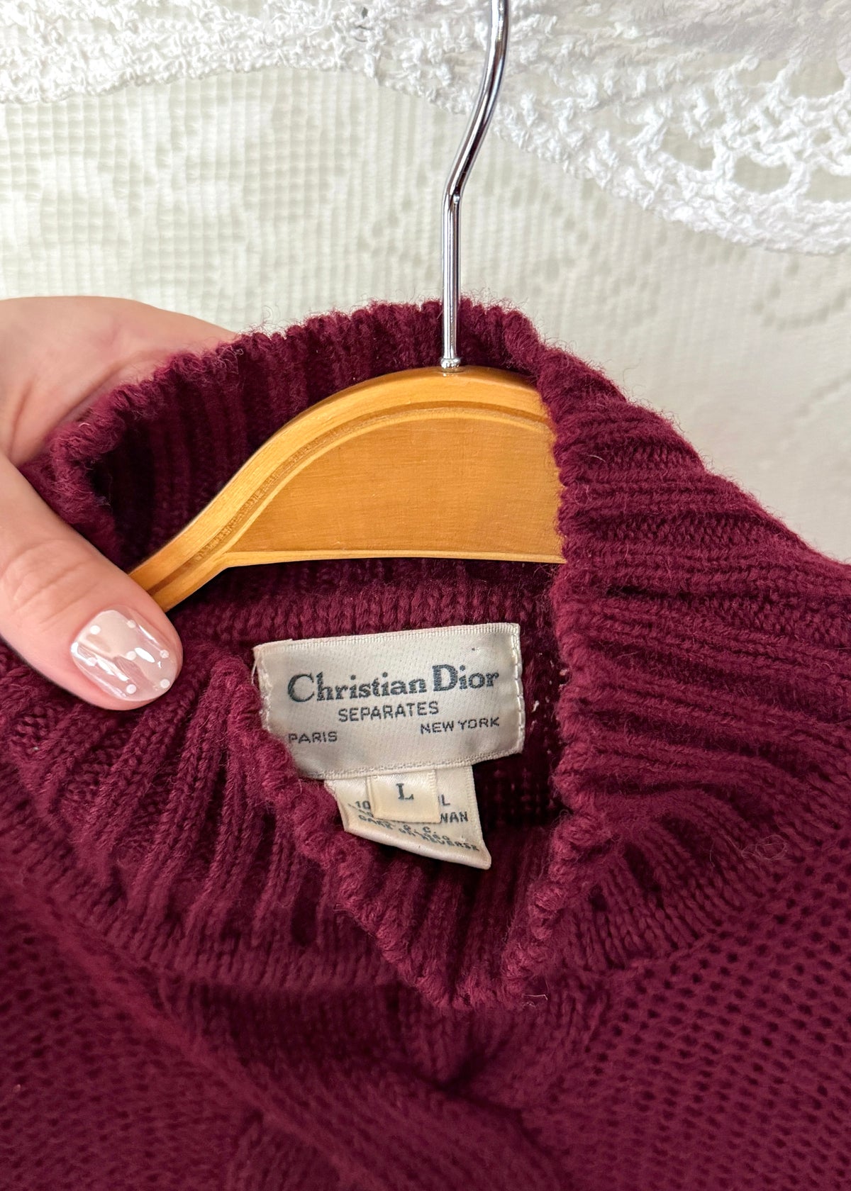 Vintage 80s Christian Dior Separates Burgundy Wool Cable Knit Turtleneck