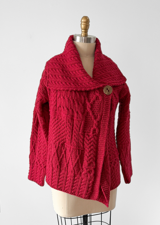 Aran Carraig Donn Irish Cranberry Red 100% Merino Wool Button Knit Sweater