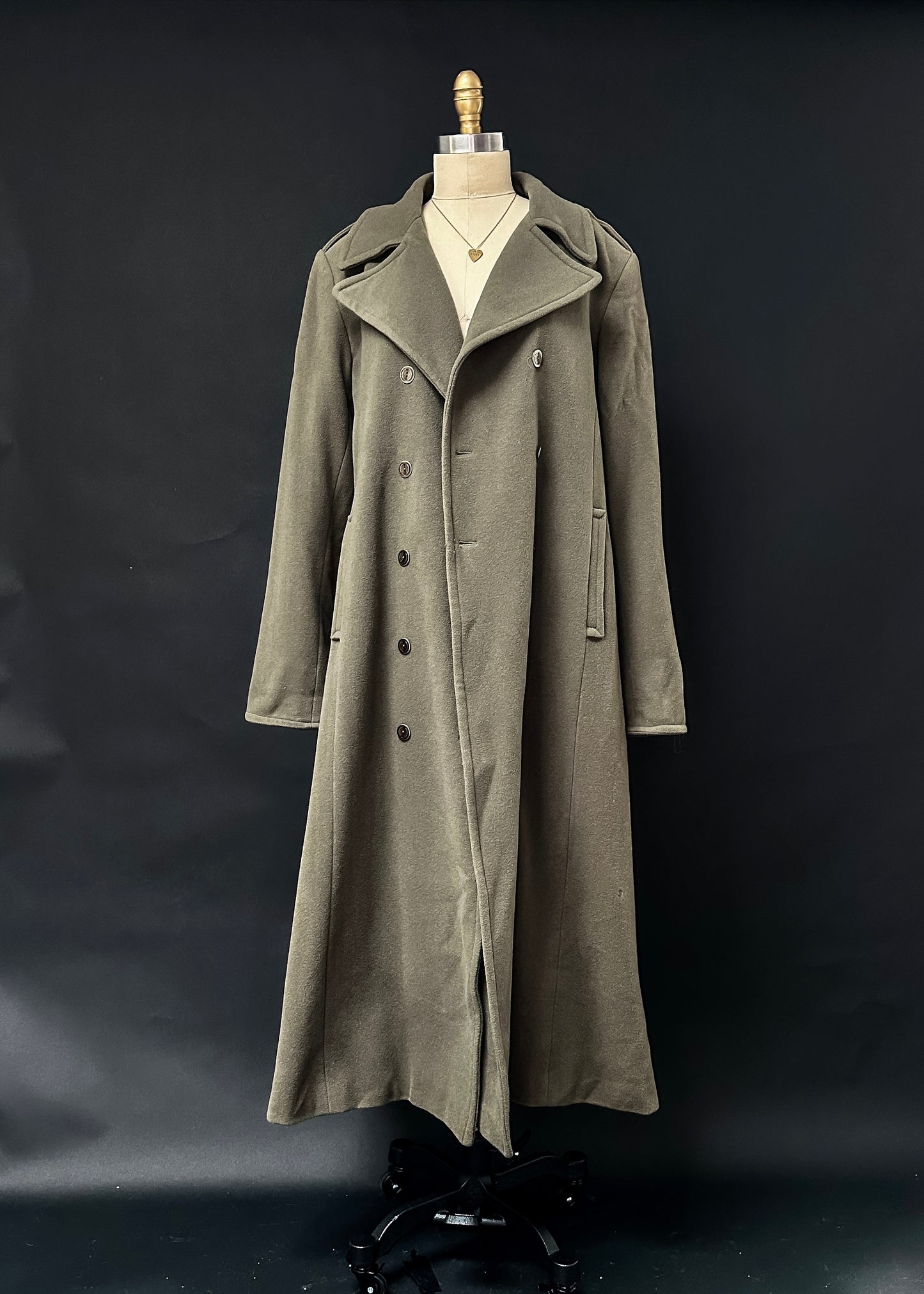 Vintage 90s Sandro Loden Green Wool Long Winter Pea Coat (16 or XL)