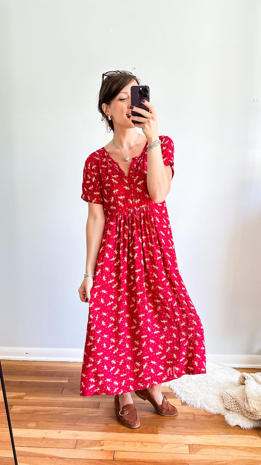 Vintage 90s April Cornell Red Dragonfly Dress (S/M)
