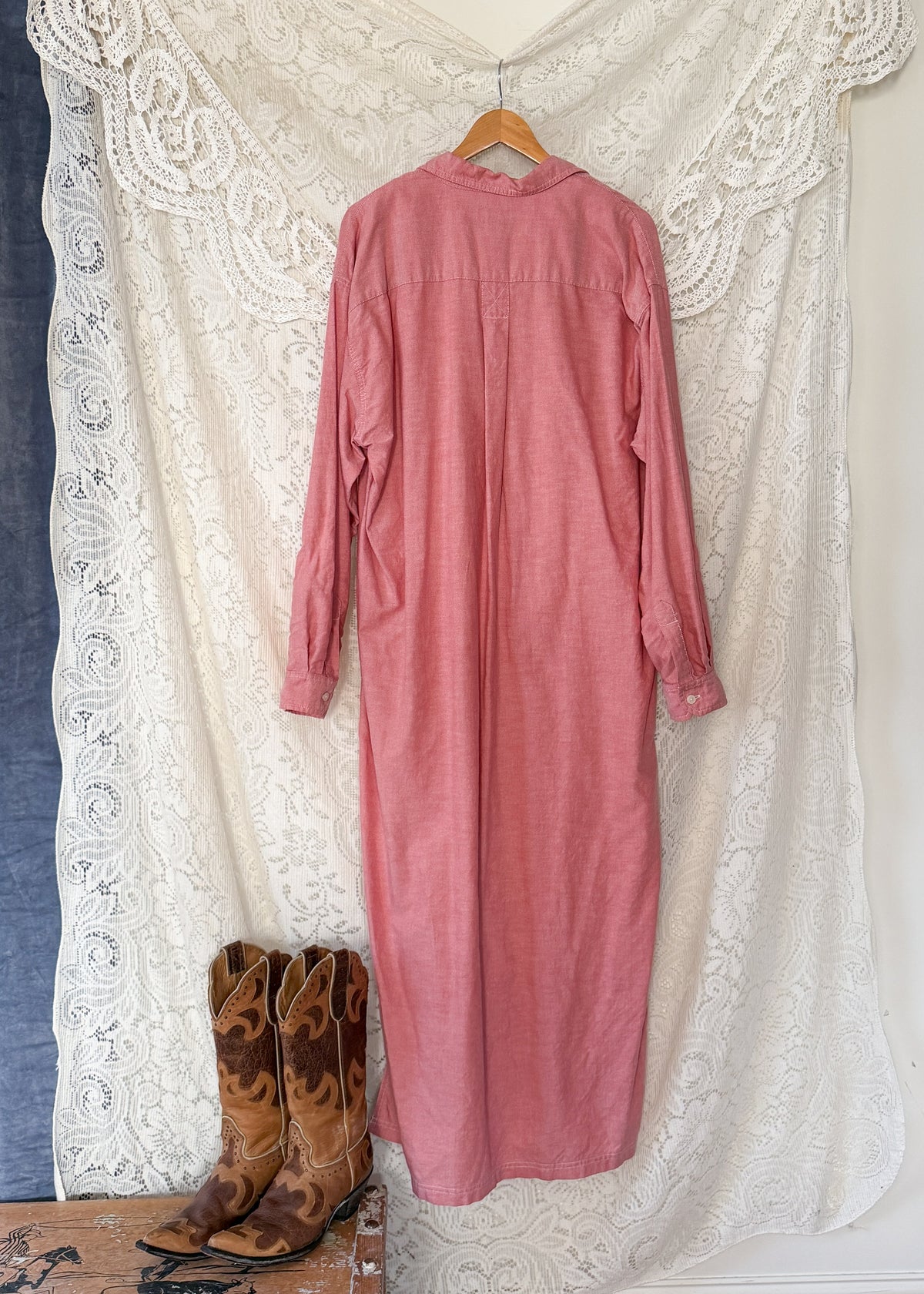 Vintage 90s Eddie Bauer Red Chambray Maxi Shirt Dress (L)