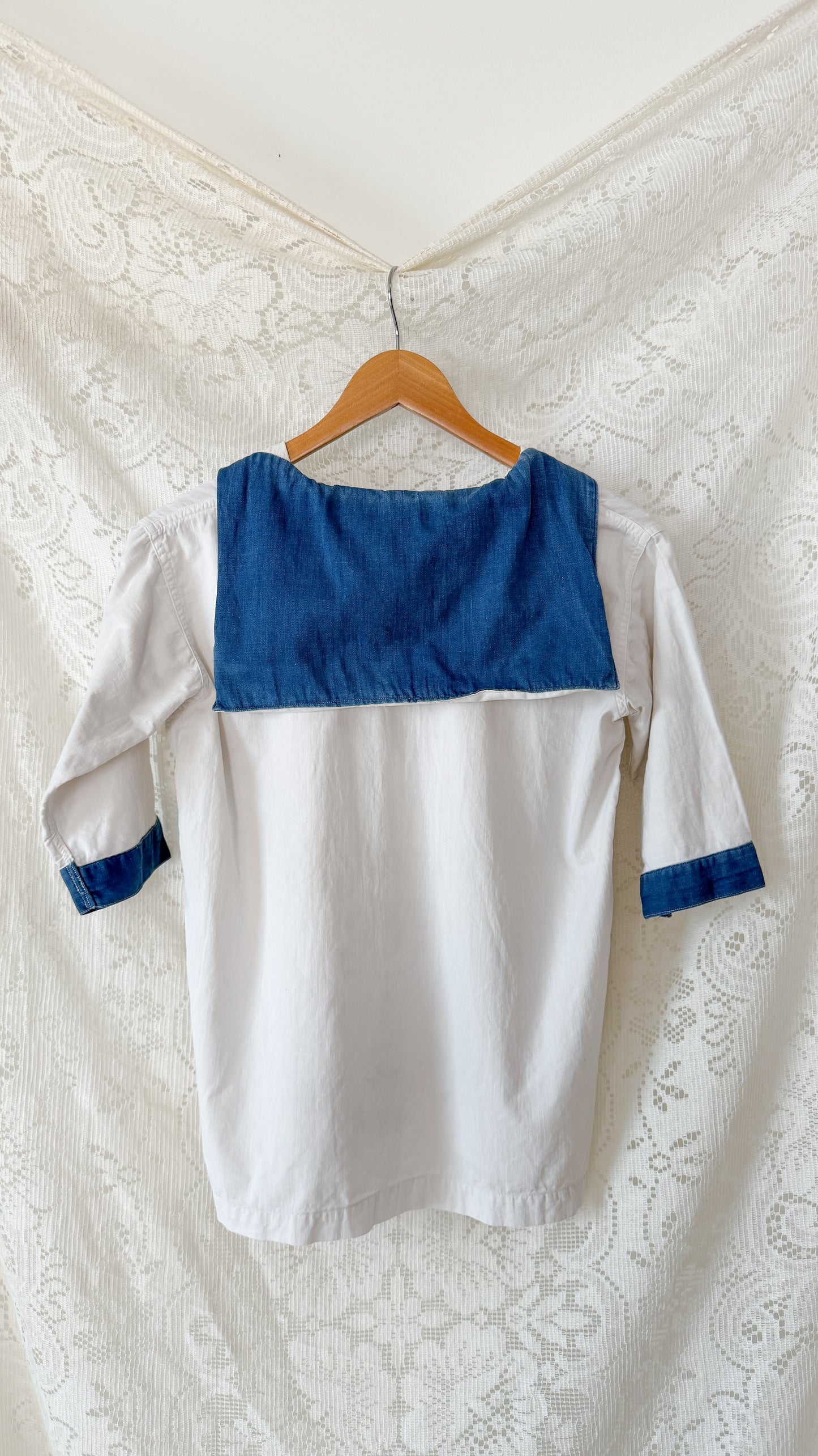1940s White Nautical Sailor Blouse with Chambray Trim