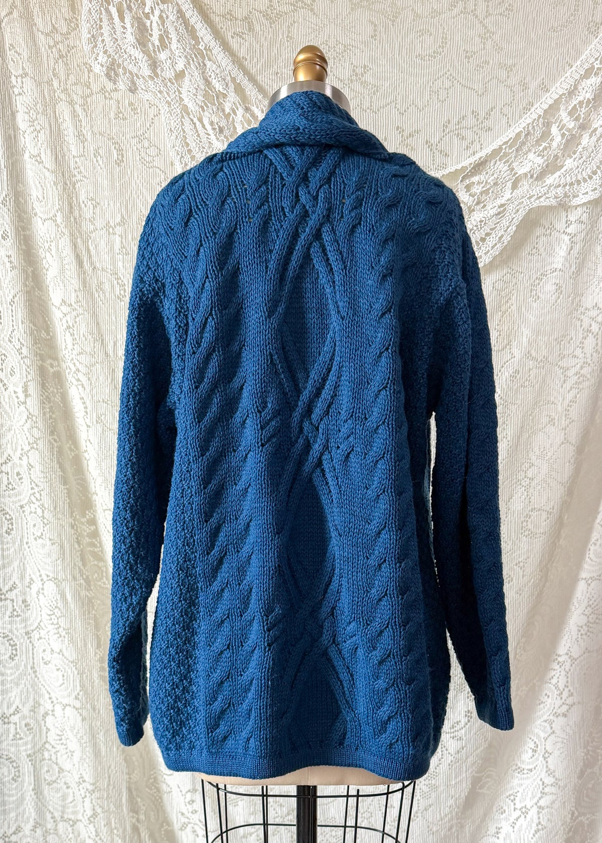 Vintage Aran Crafts Ireland Teal Blue Wool Cable Knit Cardigan Jacket (L)
