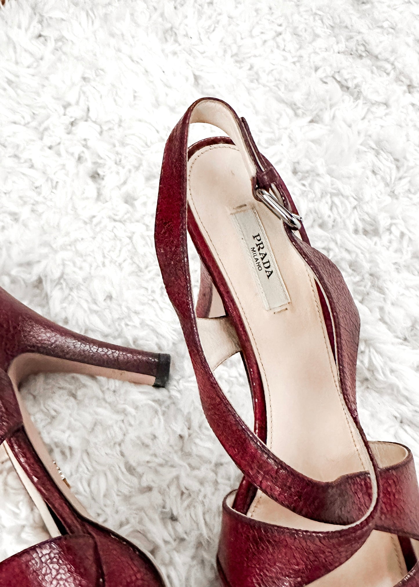 Prada Dark Red and Black Textured Leather Peep Toe Strappy Platform Heels (38.5 or 8.5)