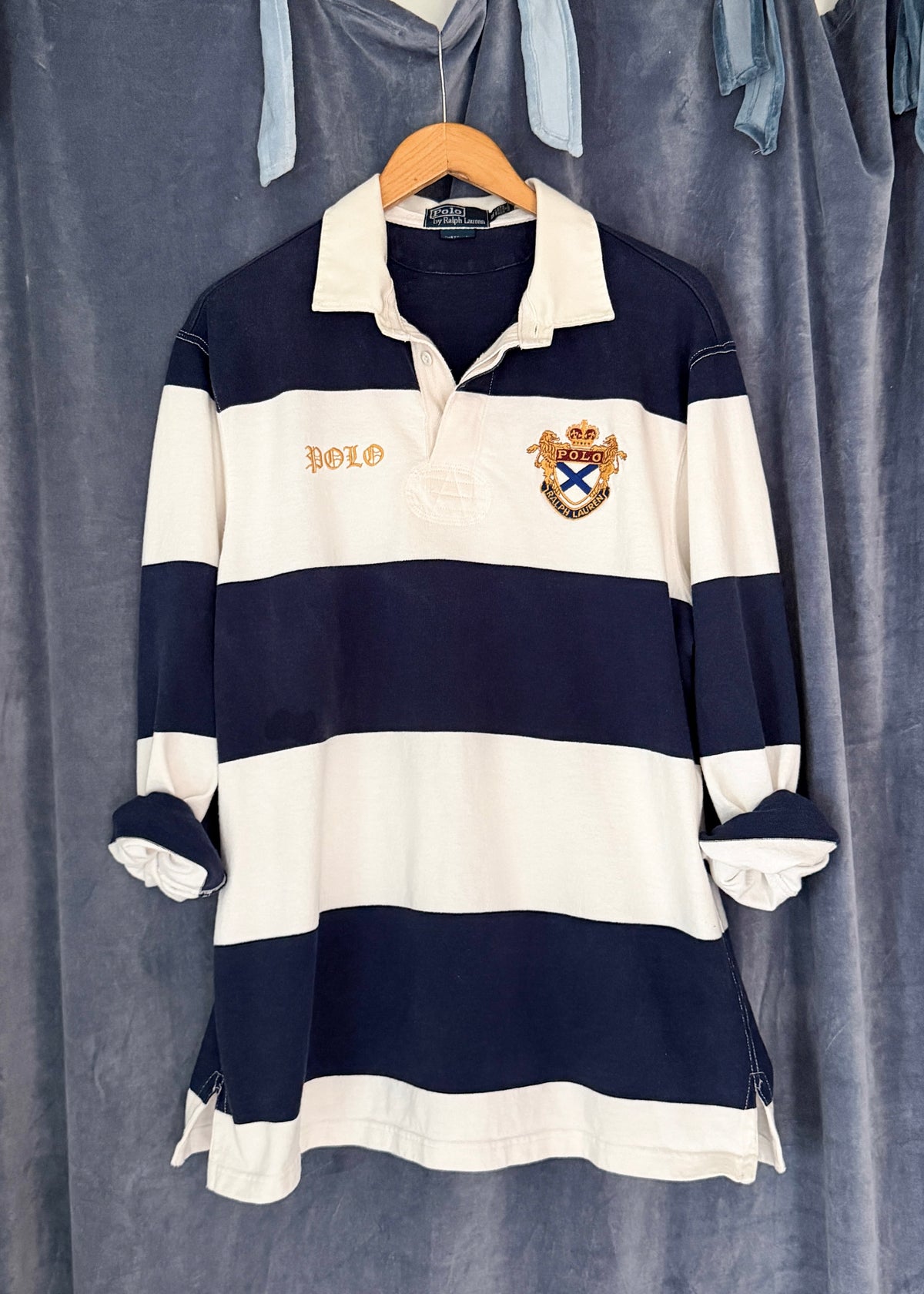 Vintage 90s 00s Polo Ralph Lauren Navy White Striped Crest Rugby Shirt (XL)