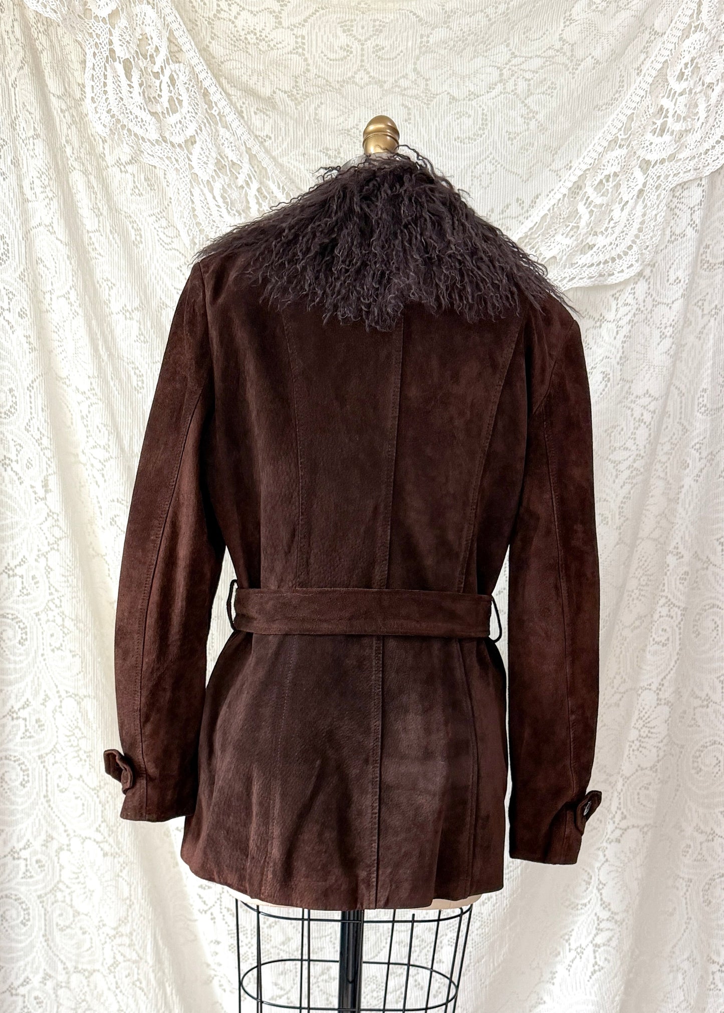 Vintage Chocolate Brown Suede Leather & Mongolian Lamb Fur Collar Penny Lane Coat (M)