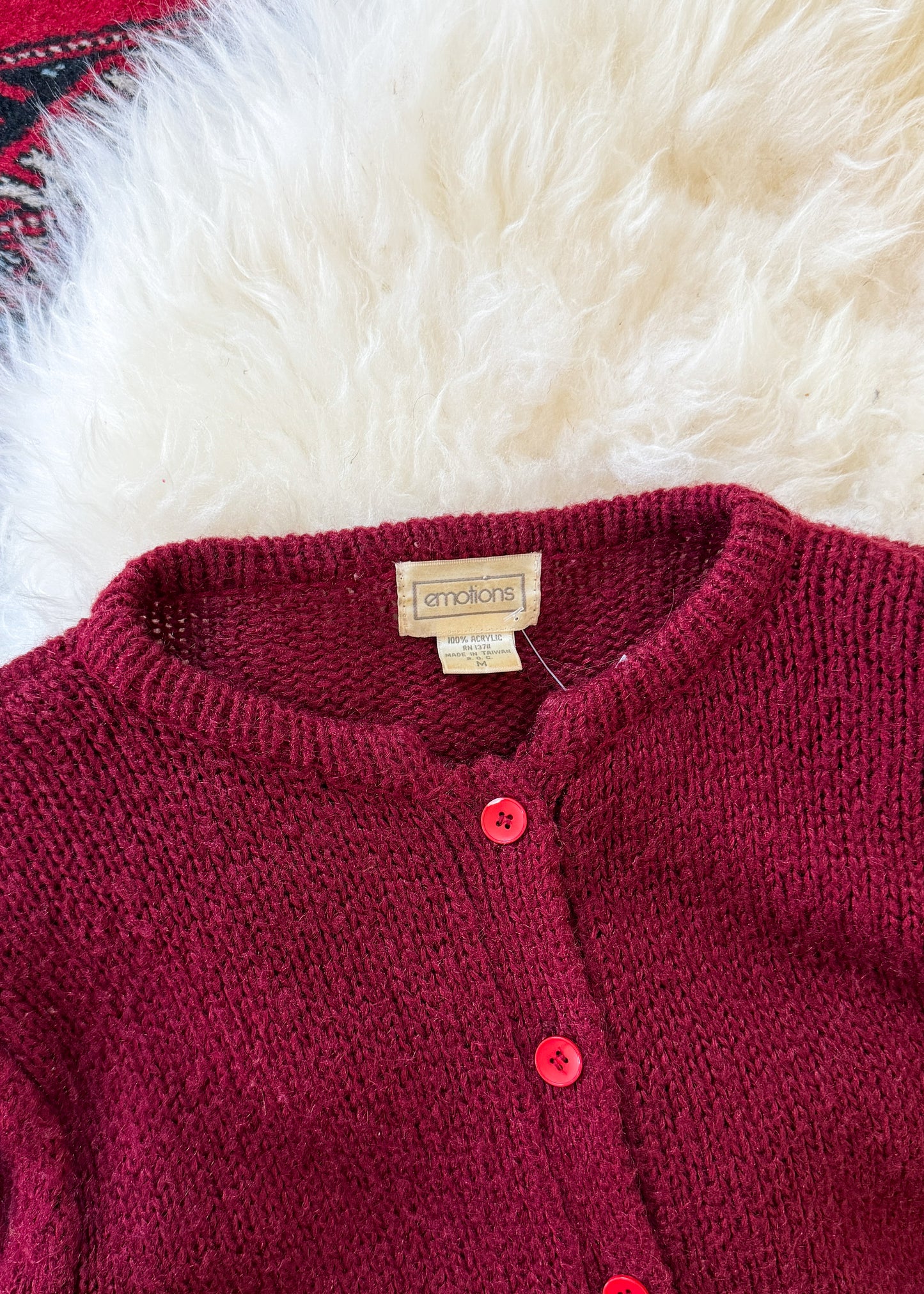 Vintage 80s Emotions Dark Red Acrylic Cardigan Sweater (M)