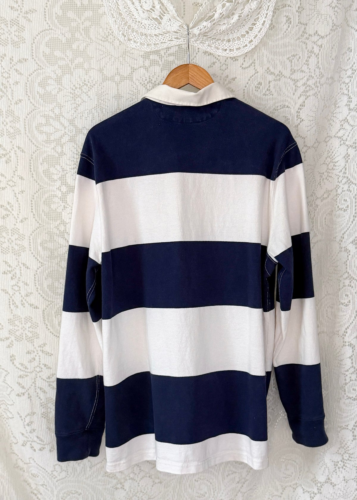 Vintage 90s 00s Polo Ralph Lauren Navy White Striped Crest Rugby Shirt (XL)