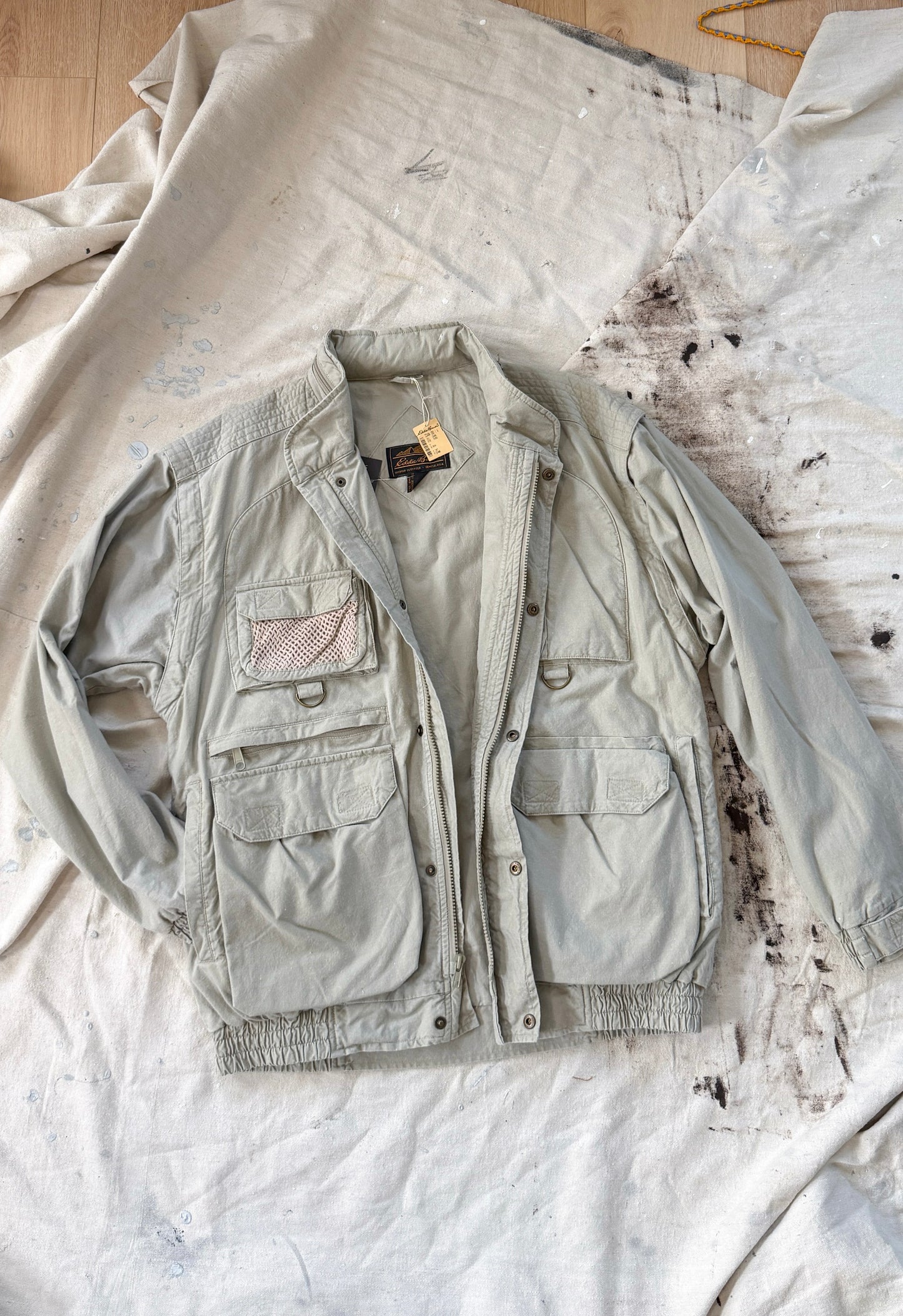 Vintage 90s NEW Eddie Bauer Fishing  Utility Pockets Vest Field Jacket in Birch Khaki