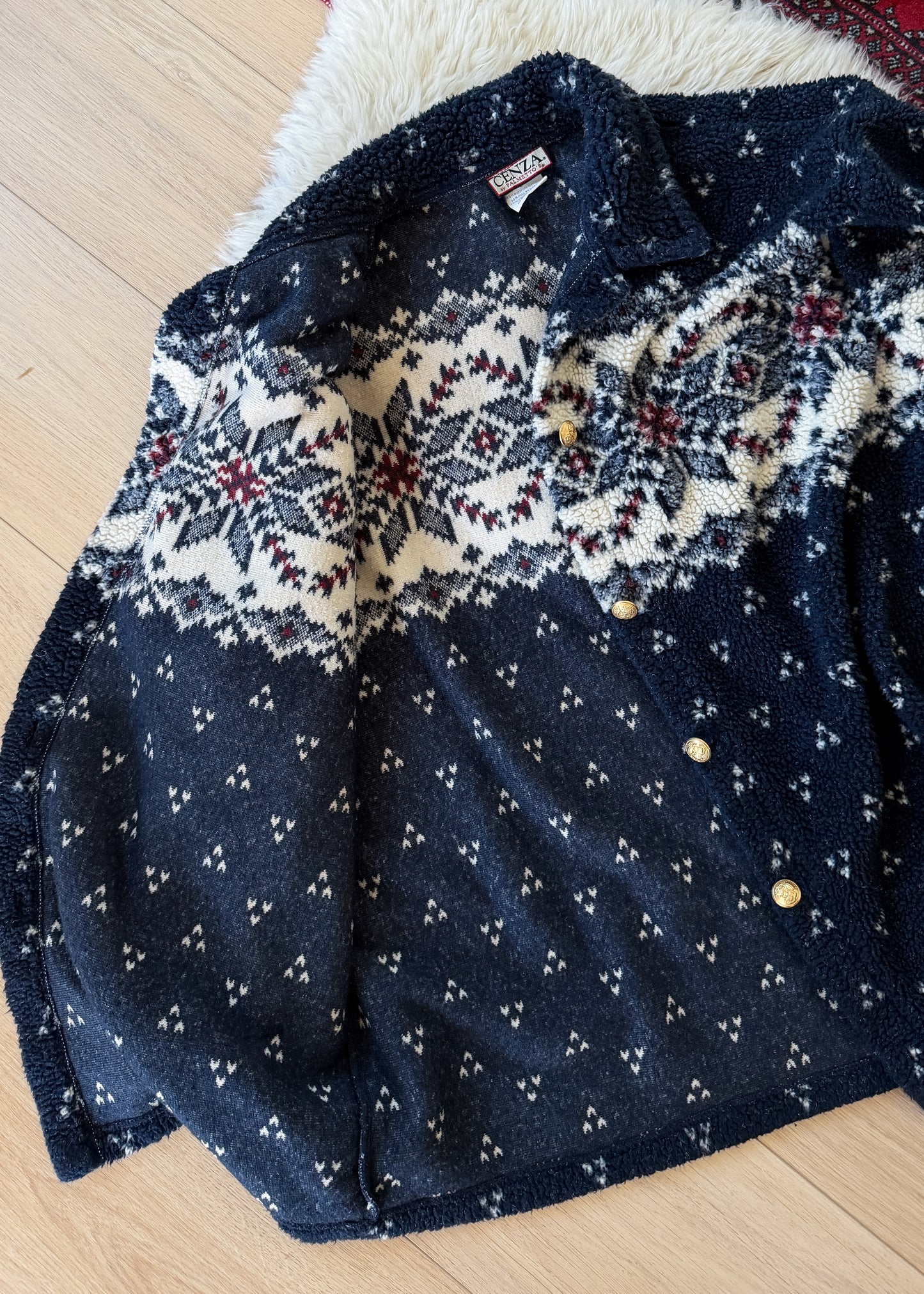Vintage 90s Cena Navy Nordic Fuzzy Fleece Gold Button Cardigan Sweater (L)