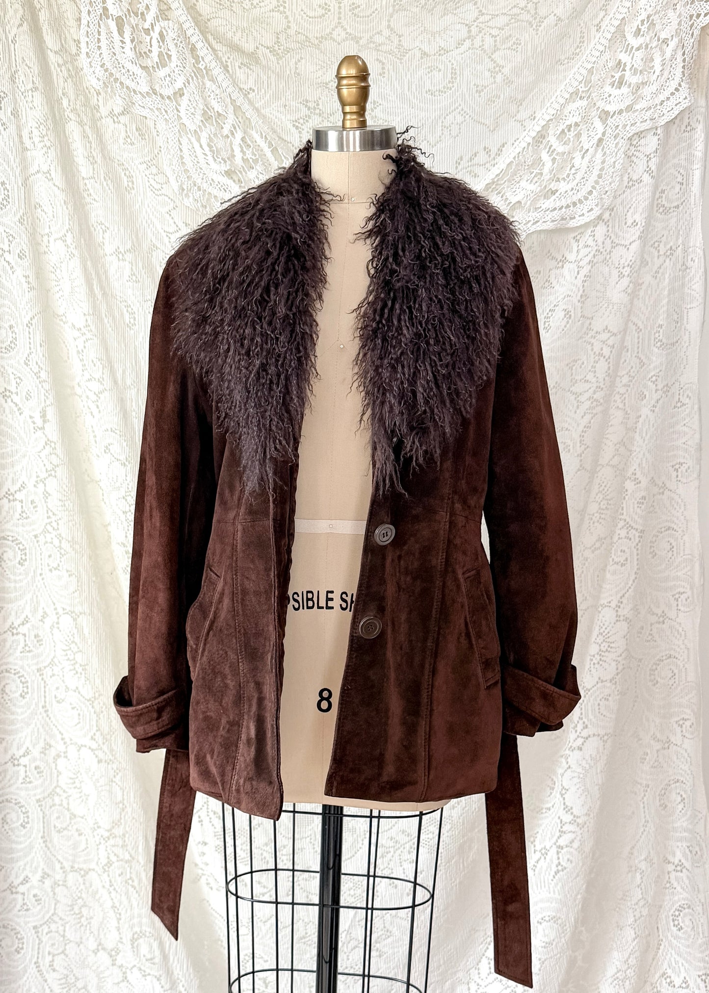 Vintage Chocolate Brown Suede Leather & Mongolian Lamb Fur Collar Penny Lane Coat (M)