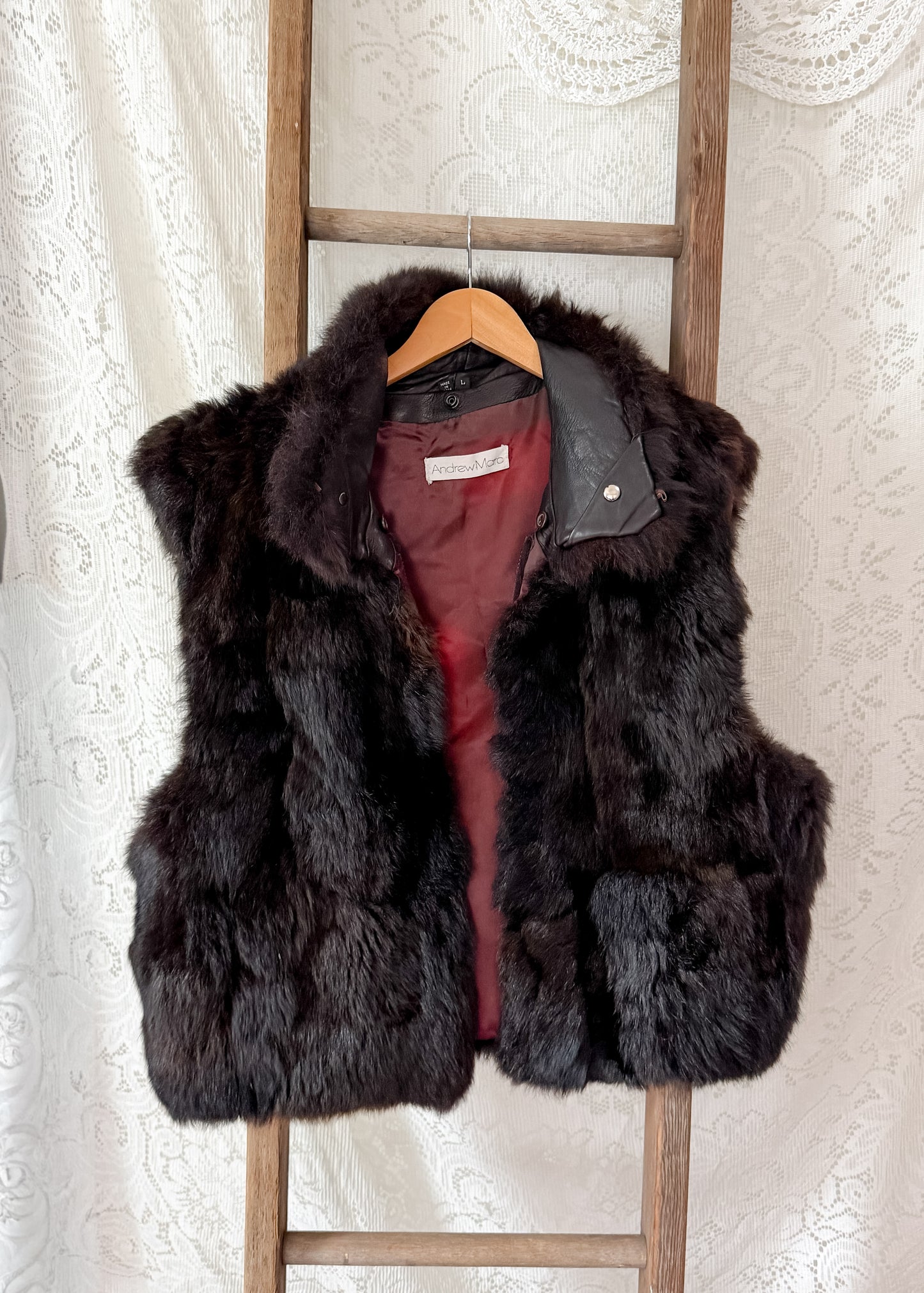 Vintage Andrew Marc Dark Brown New Zealand Opossum Fur & Leather Moto Style Vest