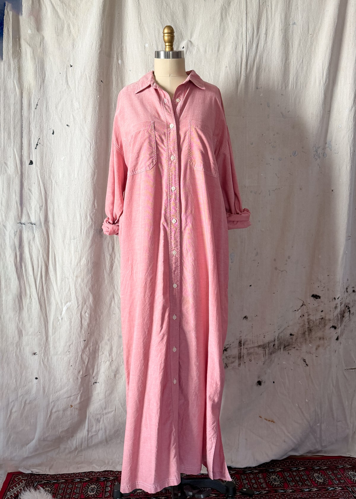 Vintage 90s Eddie Bauer Red Chambray Maxi Shirt Dress (L)