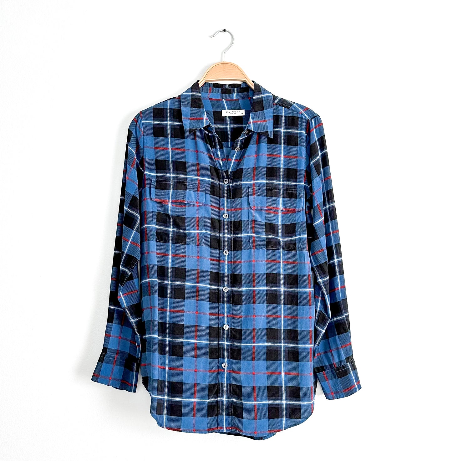 Equipment Standard Silk Blue Plaid Top (S)