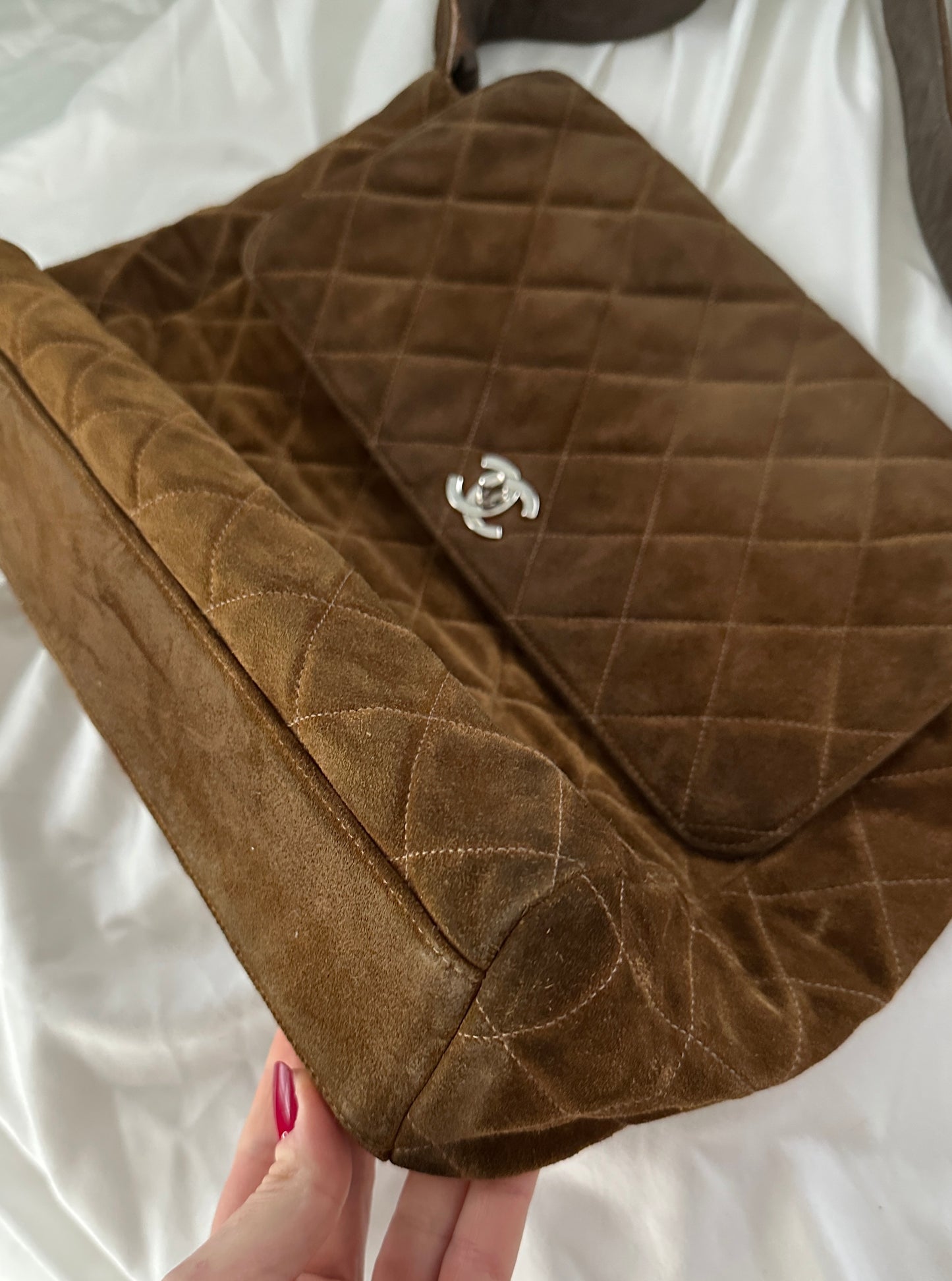 Vintage Chanel Brown Suede Quilted Matelassé Silver Turnlock Tote Purse