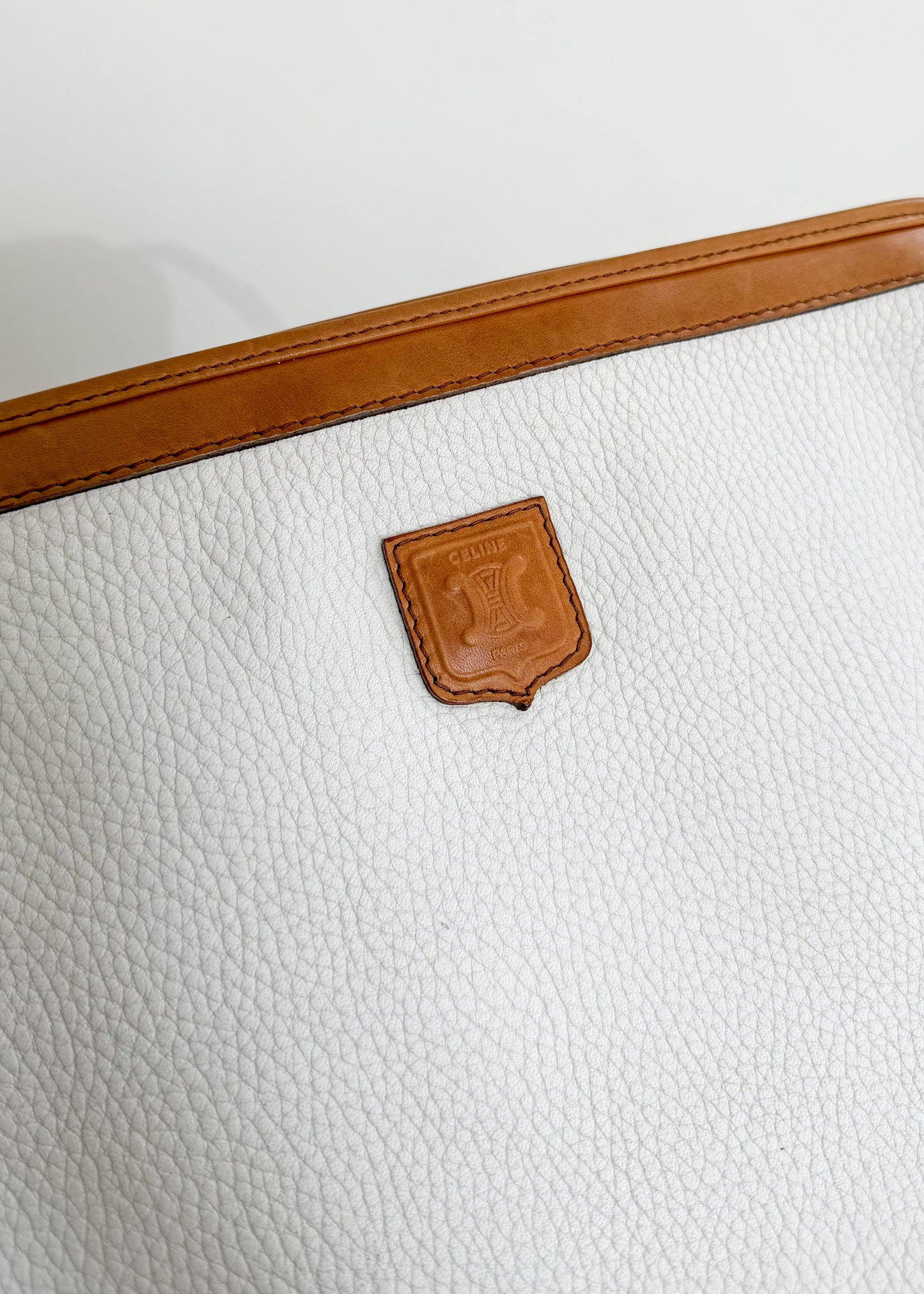 Vintage 80s Celine White & Brown Leather Pouch Clutch Purse