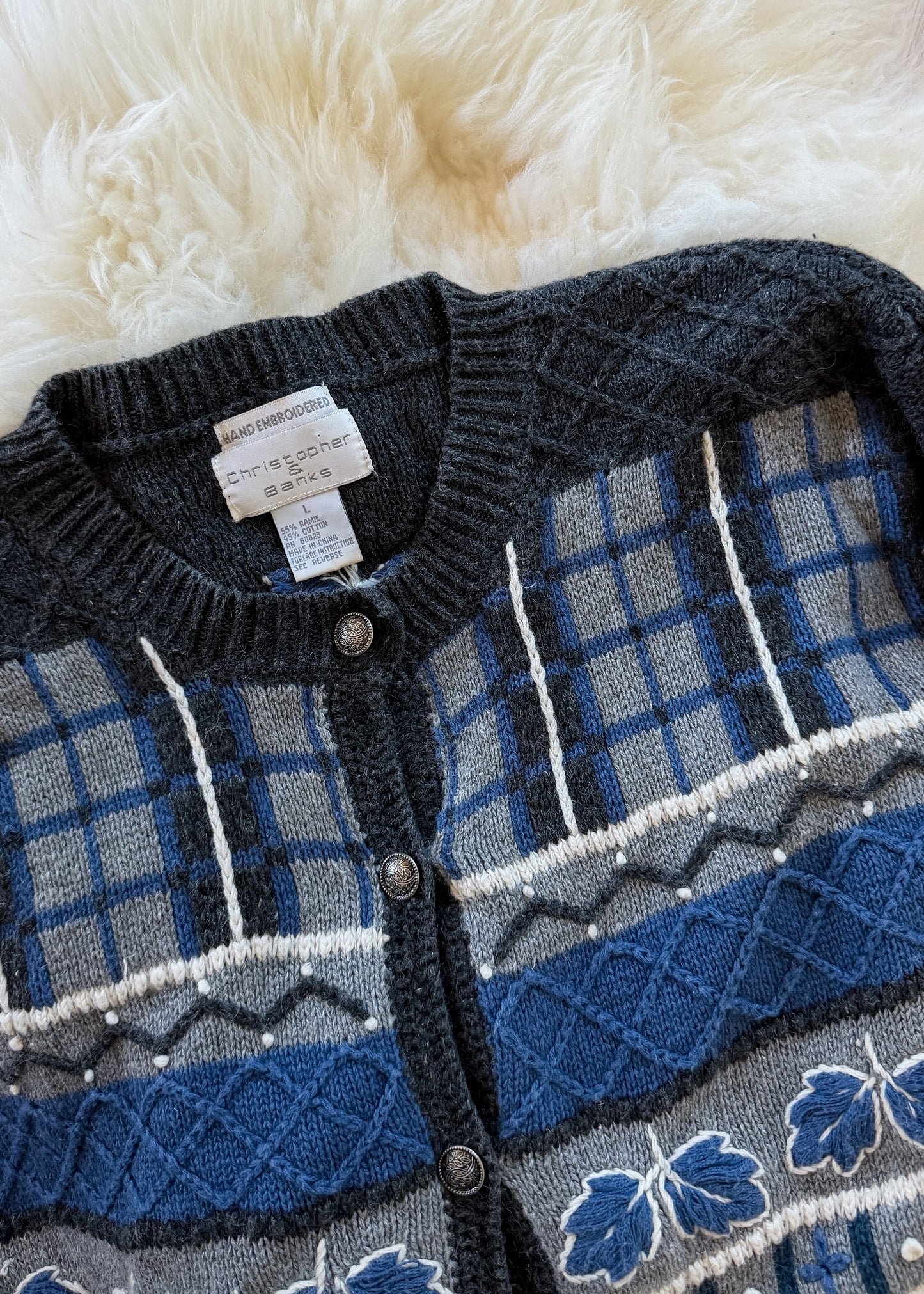 Vintage Christopher & Banks Gray Blue Hand Embroidered Cardigan (L)