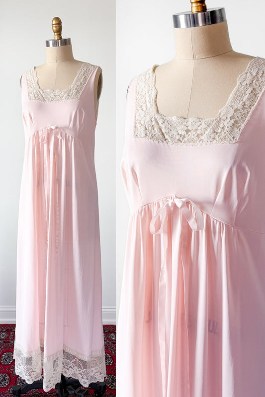 Vintage 90s Baby Pink Square Neck Tie Front Full Length Nighty Sleepwear