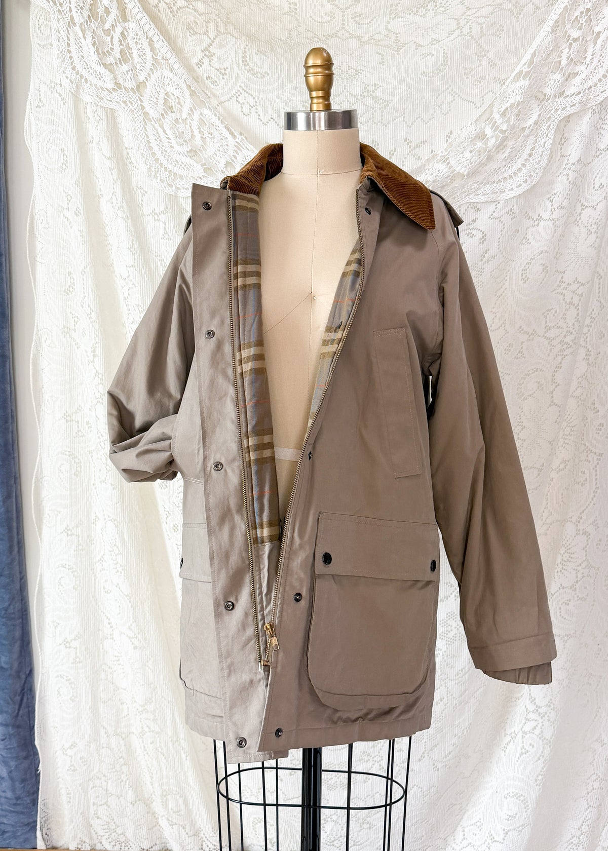 Vintage 90s Burberrys Taupe Khaki  Plaid Lined Field Coat with Hood Made in England