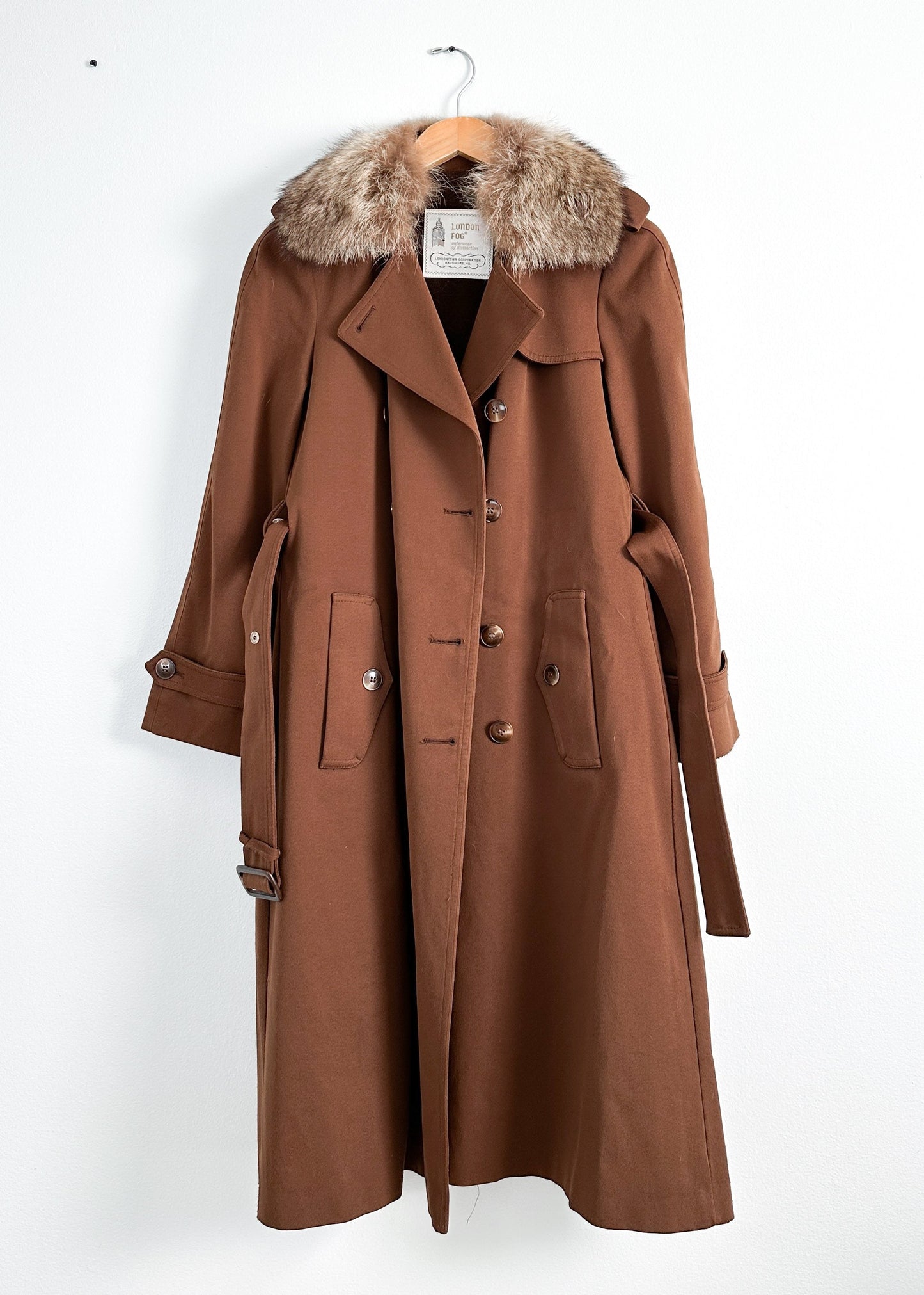 Vintage 70s London Fog Brown Long Trench with Fur Collar Winter Coat (S)