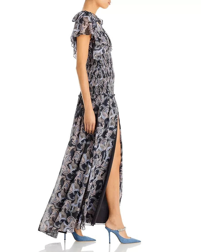 Cinq à Sept Kris Chiffon Dress in Raven Paisley Navy Blue Chiffon Smocked Maxi