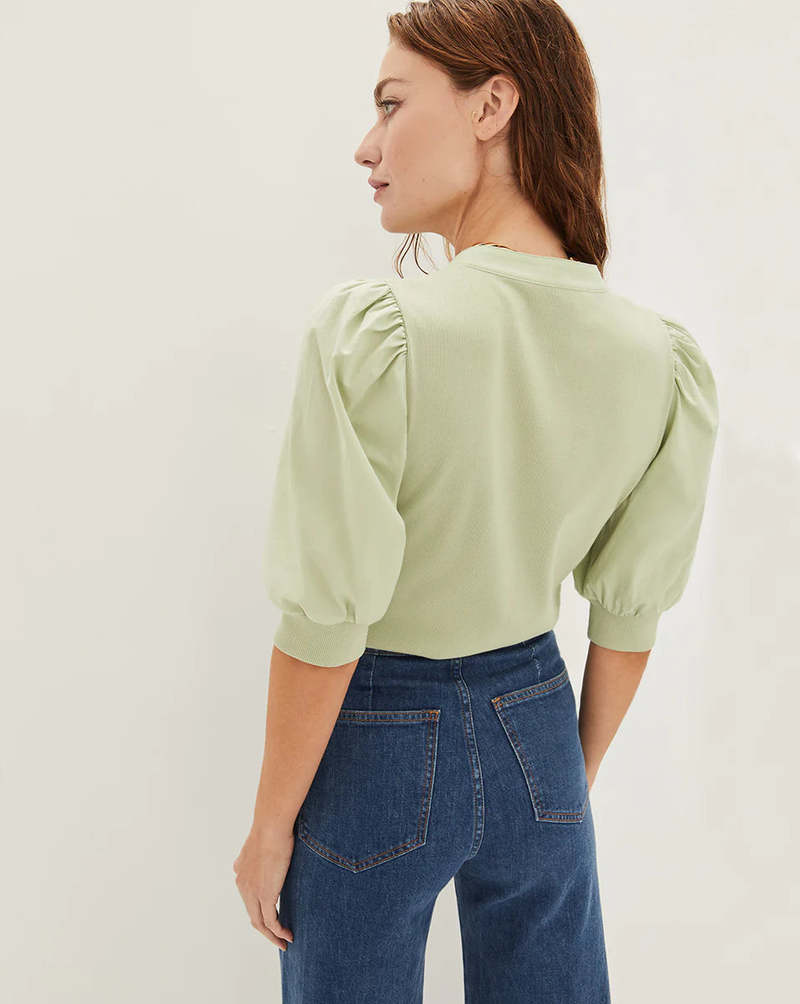 Veronica Beard Coralee Puff Sleeve Top in Dusty Sage Green (XL)