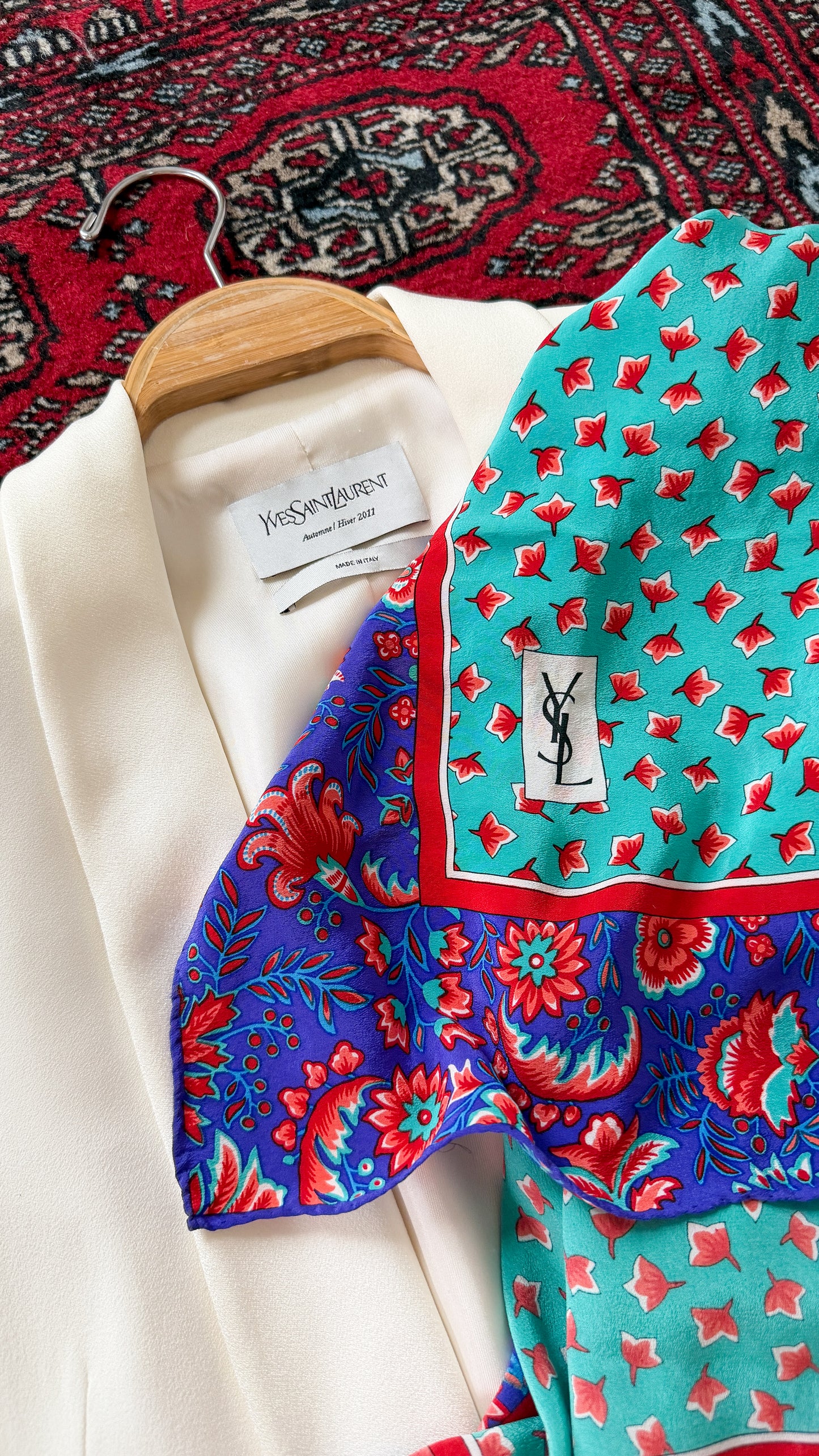 Vintage 80s Yves Saint Laurent Turquoise and Purple Floral Silk Square Scarf 32x32