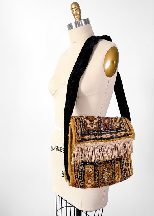 Vintage 70s Golden Yellow Brown Tapestry Fringe Trim Shoulder Purse