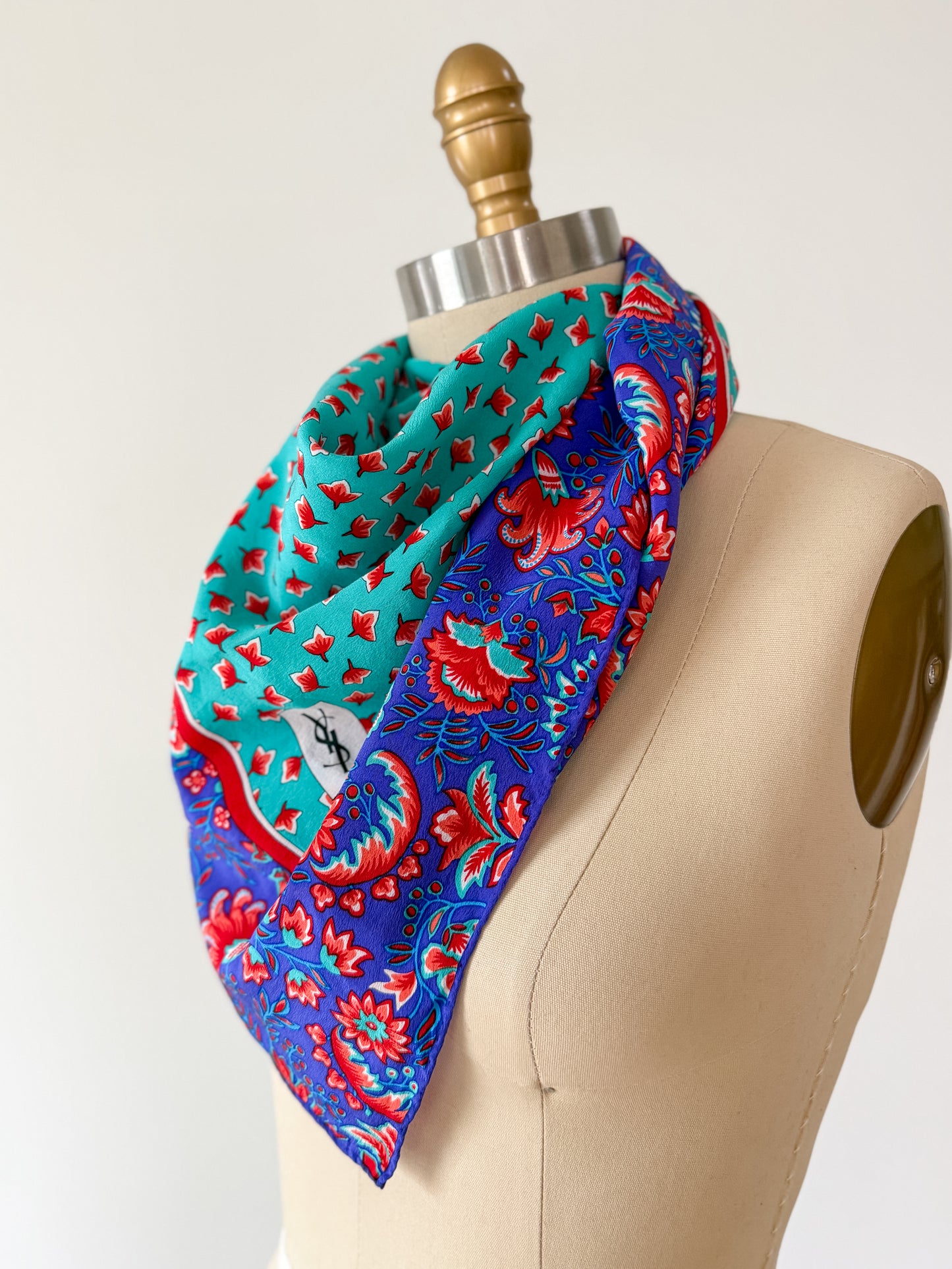 Vintage 80s Yves Saint Laurent Turquoise and Purple Floral Silk Square Scarf 32x32