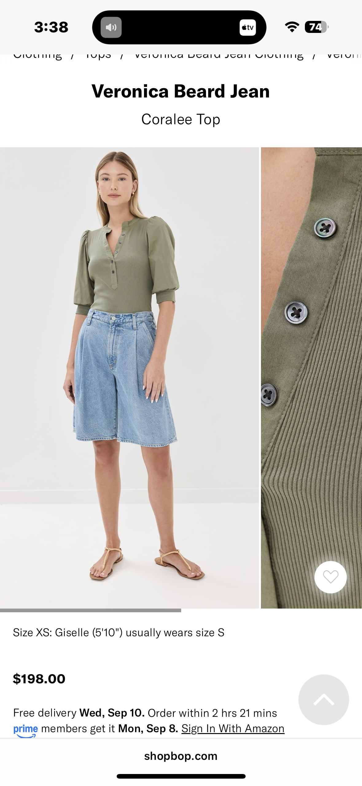 Veronica Beard Coralee Puff Sleeve Top in Dusty Sage Green (XL)